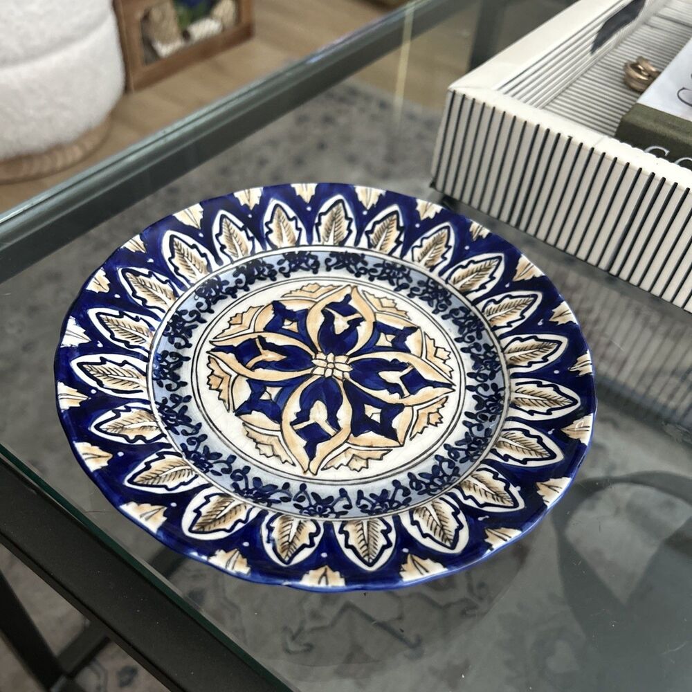 I. Godinger & Co Italian VTG Cobalt Yellow Flower Hand Painted 7"Dessert Plate